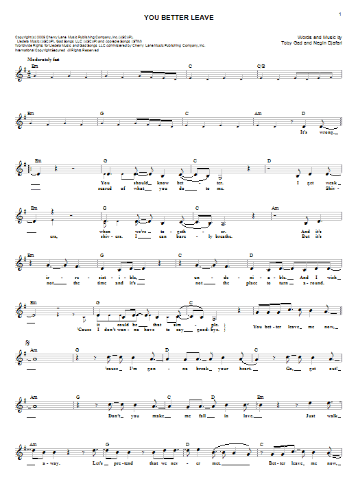 Toby Gad You Better Leave sheet music notes and chords arranged for Lead Sheet / Fake Book