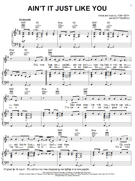 Toby Keith Ain't It Just Like You sheet music notes and chords arranged for Piano, Vocal & Guitar Chords (Right-Hand Melody)