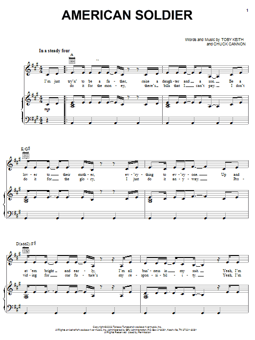 Toby Keith American Soldier sheet music notes and chords arranged for Piano, Vocal & Guitar Chords (Right-Hand Melody)