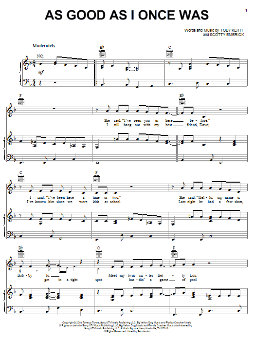 Toby Keith As Good As I Once Was sheet music notes and chords arranged for Guitar Chords/Lyrics