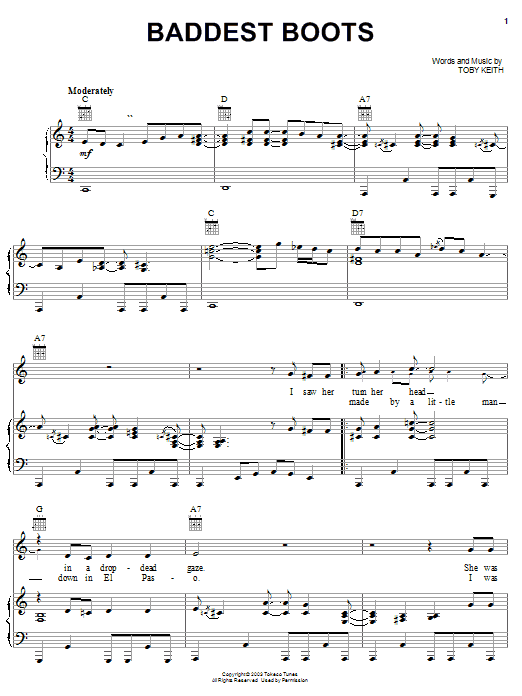 Toby Keith Baddest Boots sheet music notes and chords arranged for Piano, Vocal & Guitar Chords (Right-Hand Melody)