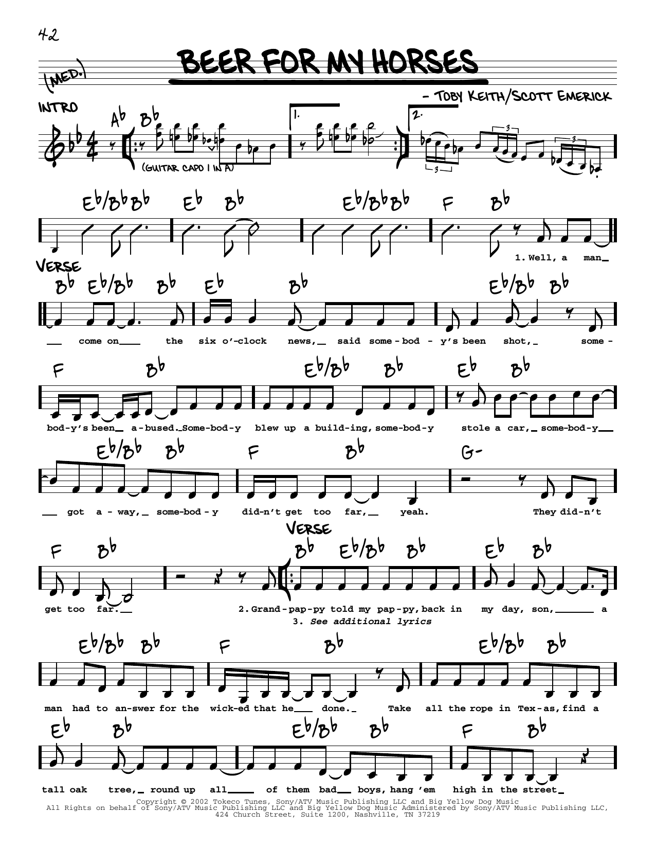Toby Keith Beer For My Horses (feat. Willie Nelson) sheet music notes and chords arranged for Real Book – Melody, Lyrics & Chords