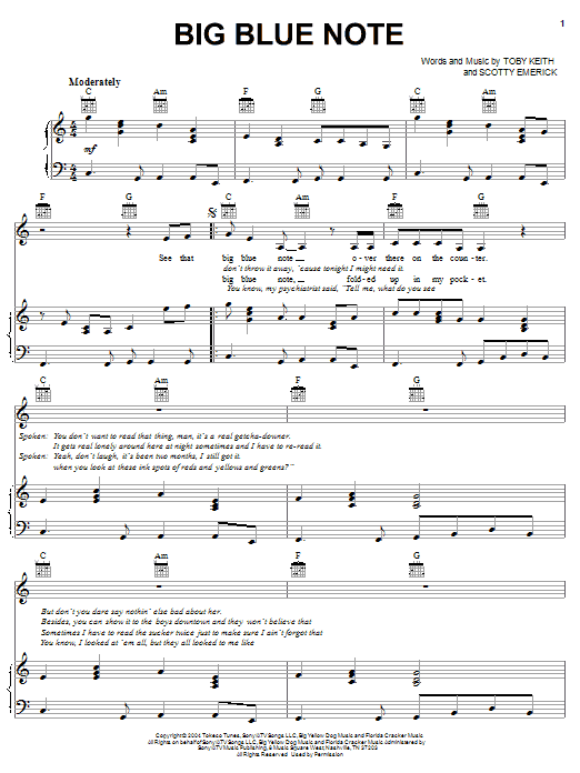 Toby Keith Big Blue Note sheet music notes and chords arranged for Easy Guitar Tab