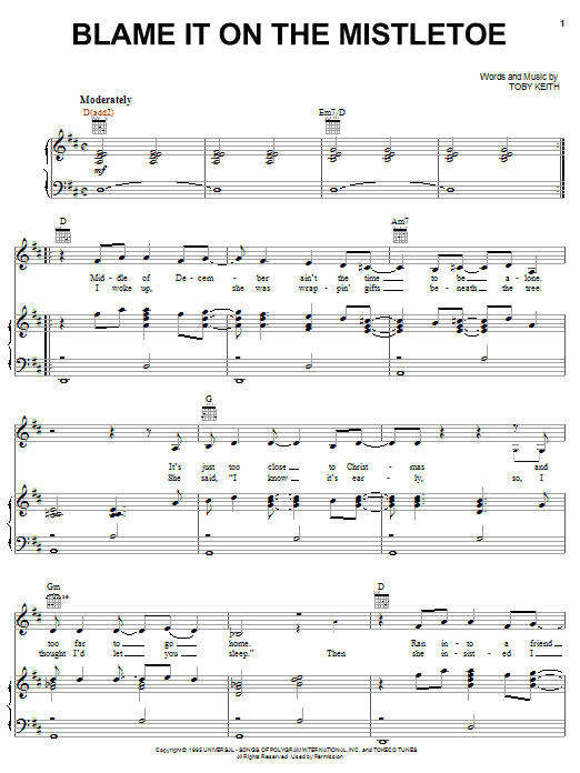 Toby Keith Blame It On The Mistletoe sheet music notes and chords arranged for Piano, Vocal & Guitar Chords (Right-Hand Melody)