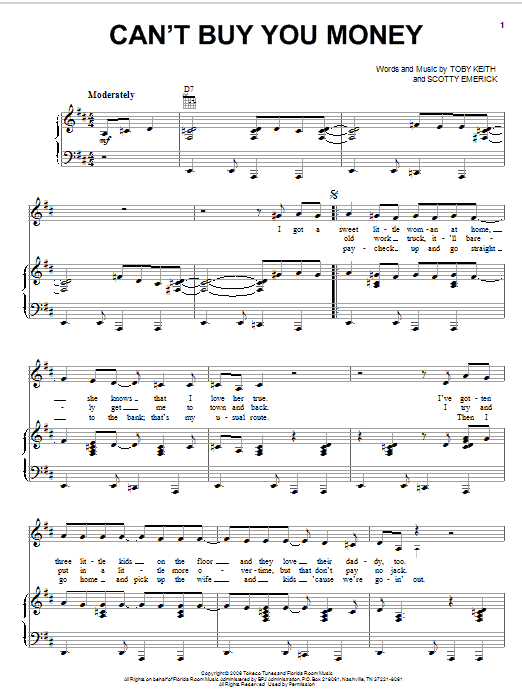 Toby Keith Can't Buy You Money sheet music notes and chords arranged for Piano, Vocal & Guitar Chords (Right-Hand Melody)