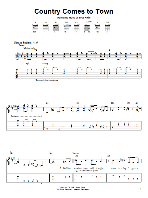 Toby Keith Country Comes To Town sheet music notes and chords arranged for Easy Guitar Tab