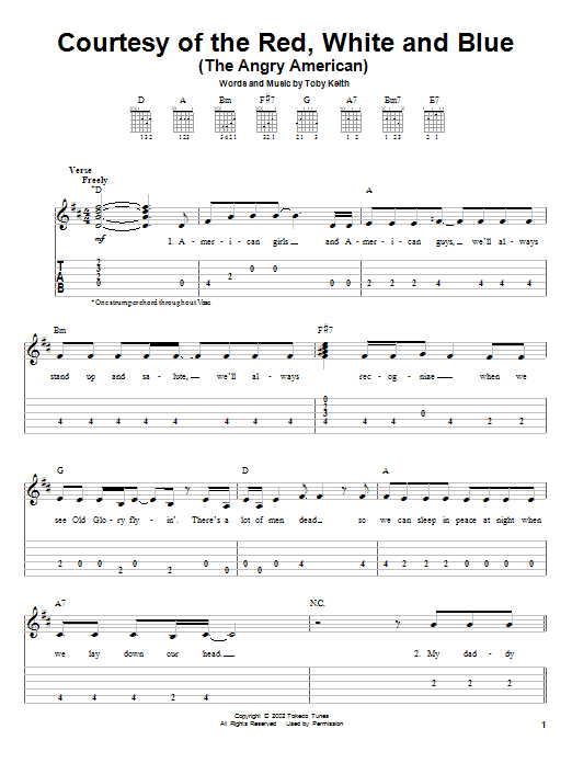 Toby Keith Courtesy Of The Red, White And Blue (The Angry American) sheet music notes and chords arranged for Piano, Vocal & Guitar Chords (Right-Hand Melody)