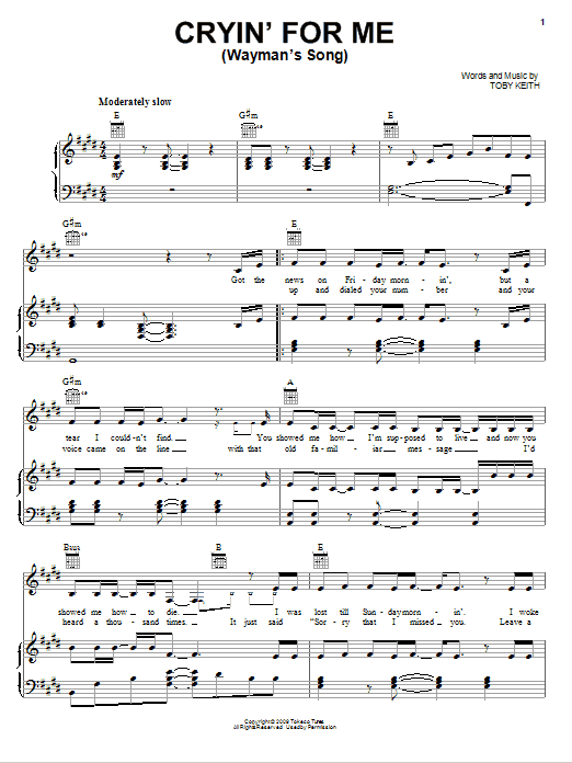 Toby Keith Cryin' For Me (Wayman's Song) sheet music notes and chords arranged for Piano, Vocal & Guitar Chords (Right-Hand Melody)