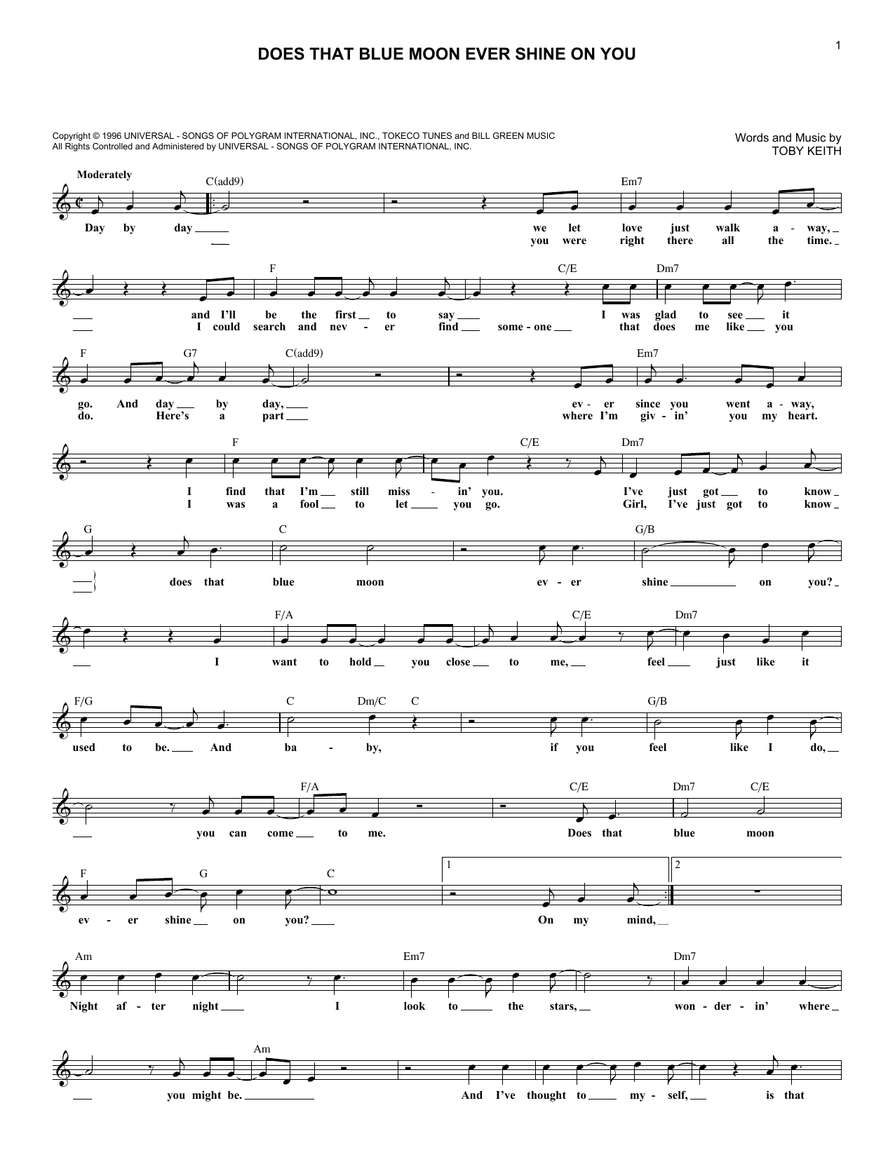 Toby Keith Does That Blue Moon Ever Shine On You sheet music notes and chords arranged for Piano, Vocal & Guitar Chords (Right-Hand Melody)