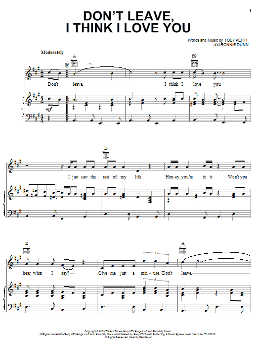 Toby Keith Don't Leave, I Think I Love You sheet music notes and chords arranged for Piano, Vocal & Guitar Chords (Right-Hand Melody)