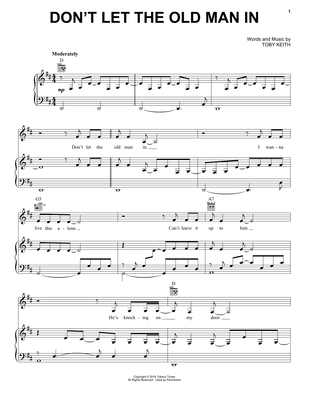Toby Keith Don't Let The Old Man In sheet music notes and chords arranged for Piano, Vocal & Guitar Chords (Right-Hand Melody)