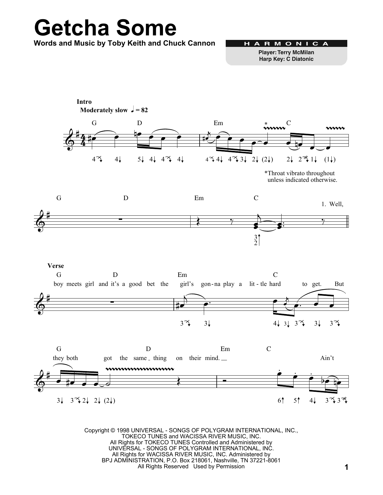 Toby Keith Getcha Some sheet music notes and chords arranged for Harmonica