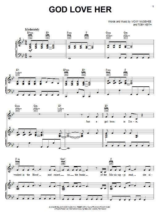 Toby Keith God Love Her sheet music notes and chords arranged for Piano, Vocal & Guitar Chords (Right-Hand Melody)