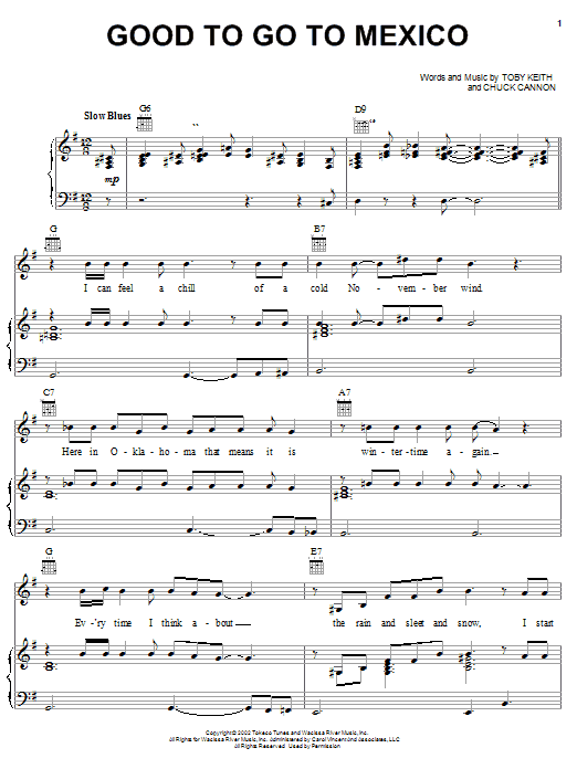 Toby Keith Good To Go To Mexico sheet music notes and chords arranged for Piano, Vocal & Guitar Chords (Right-Hand Melody)