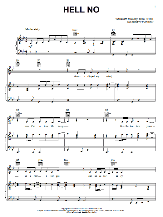 Toby Keith Hell No sheet music notes and chords arranged for Piano, Vocal & Guitar Chords (Right-Hand Melody)