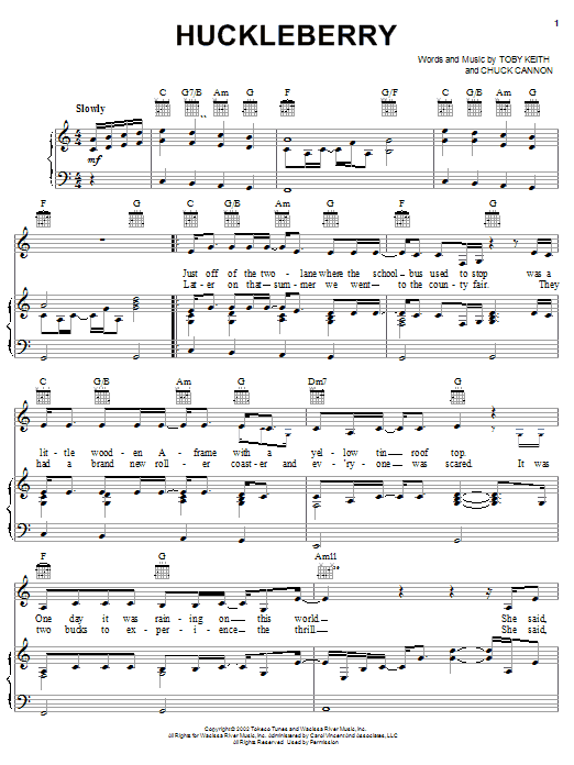 Toby Keith Huckleberry sheet music notes and chords arranged for Piano, Vocal & Guitar Chords (Right-Hand Melody)