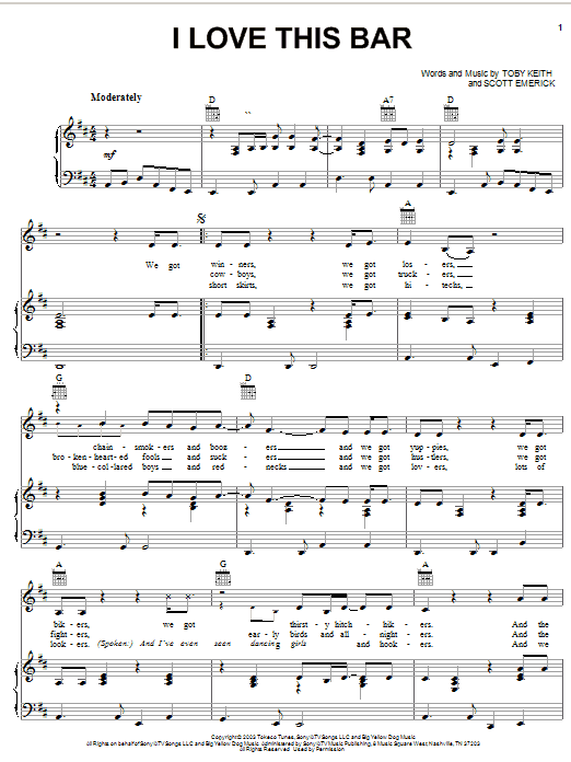 Toby Keith I Love This Bar sheet music notes and chords arranged for Piano, Vocal & Guitar Chords (Right-Hand Melody)