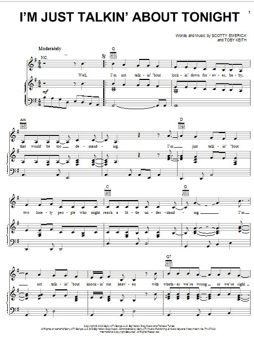 Toby Keith I'm Just Talkin' About Tonight sheet music notes and chords arranged for Piano, Vocal & Guitar Chords (Right-Hand Melody)