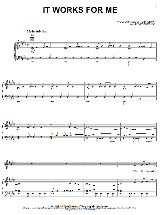 Toby Keith It Works For Me sheet music notes and chords arranged for Piano, Vocal & Guitar Chords (Right-Hand Melody)