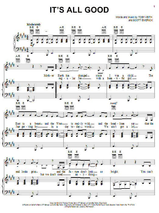 Toby Keith It's All Good sheet music notes and chords arranged for Piano, Vocal & Guitar Chords (Right-Hand Melody)