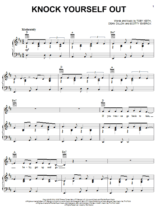 Toby Keith Knock Yourself Out sheet music notes and chords arranged for Piano, Vocal & Guitar Chords (Right-Hand Melody)