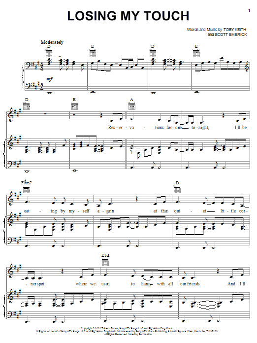 Toby Keith Losing My Touch sheet music notes and chords arranged for Piano, Vocal & Guitar Chords (Right-Hand Melody)