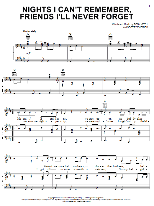 Toby Keith Nights I Can't Remember, Friends I'll Never Forget sheet music notes and chords arranged for Piano, Vocal & Guitar Chords (Right-Hand Melody)