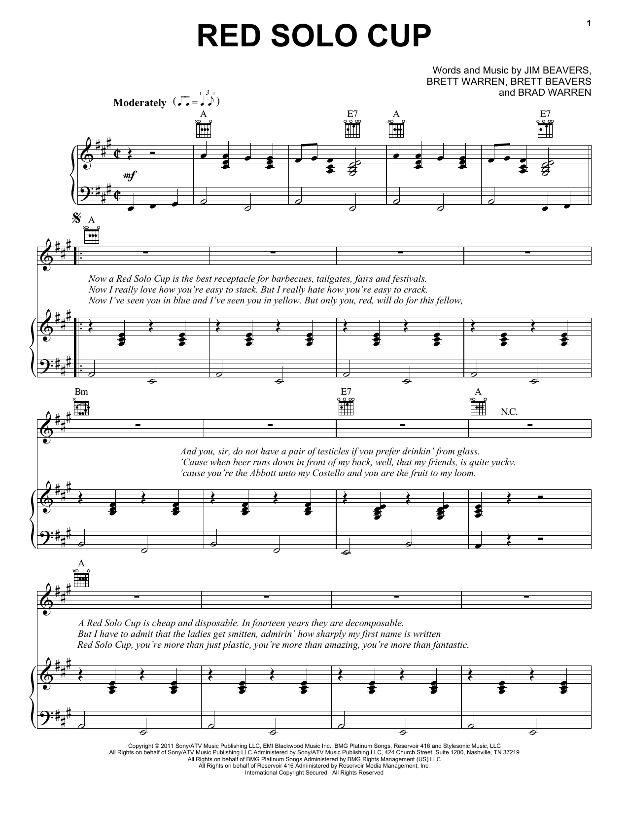 Toby Keith Red Solo Cup sheet music notes and chords arranged for Piano, Vocal & Guitar Chords (Right-Hand Melody)