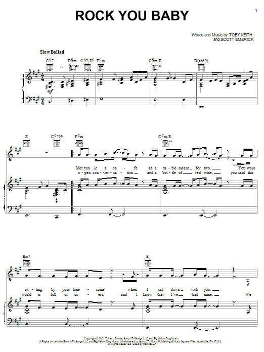 Toby Keith Rock You Baby sheet music notes and chords arranged for Piano, Vocal & Guitar Chords (Right-Hand Melody)