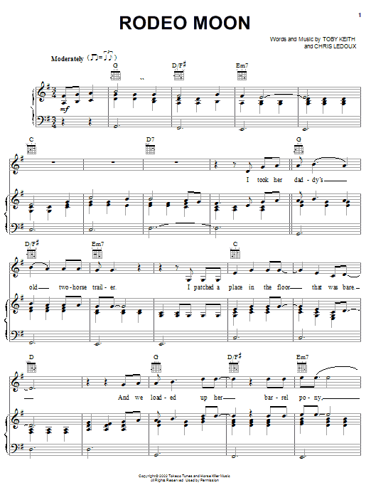 Toby Keith Rodeo Moon sheet music notes and chords arranged for Piano, Vocal & Guitar Chords (Right-Hand Melody)