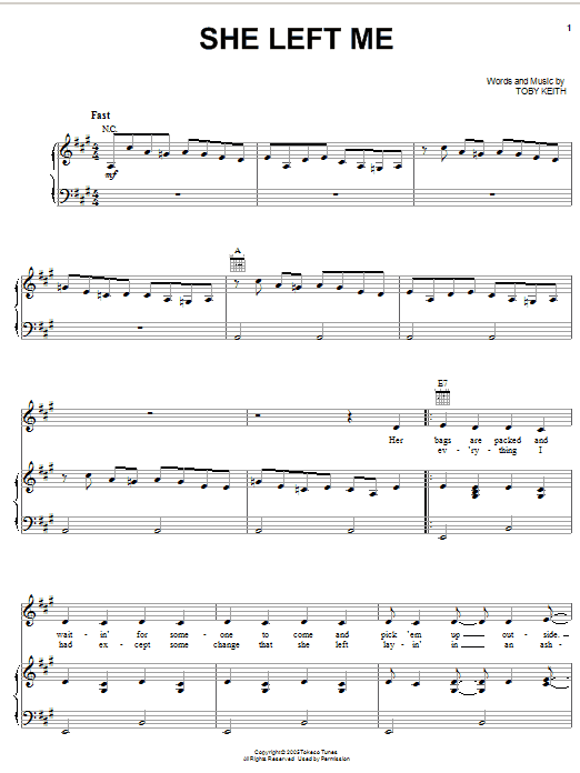 Toby Keith She Left Me sheet music notes and chords arranged for Piano, Vocal & Guitar Chords (Right-Hand Melody)