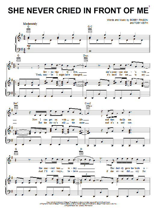 Toby Keith She Never Cried In Front Of Me sheet music notes and chords arranged for Piano, Vocal & Guitar Chords (Right-Hand Melody)