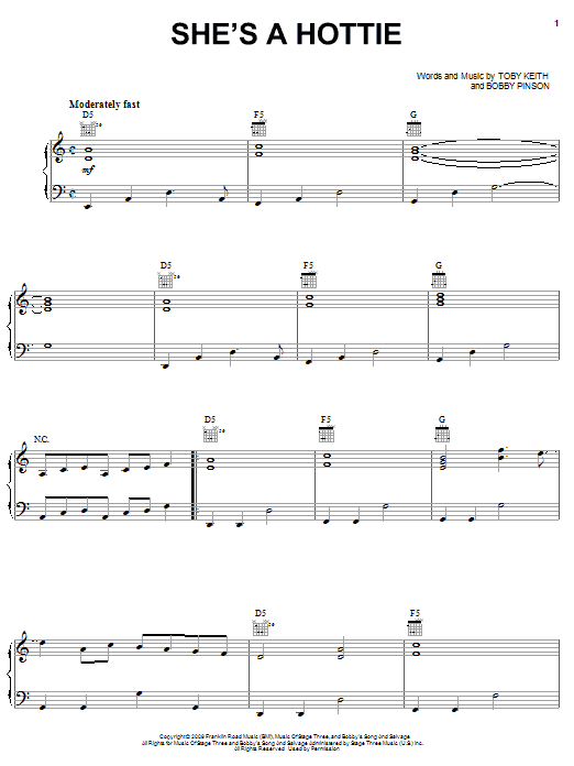 Toby Keith She's A Hottie sheet music notes and chords arranged for Piano, Vocal & Guitar Chords (Right-Hand Melody)