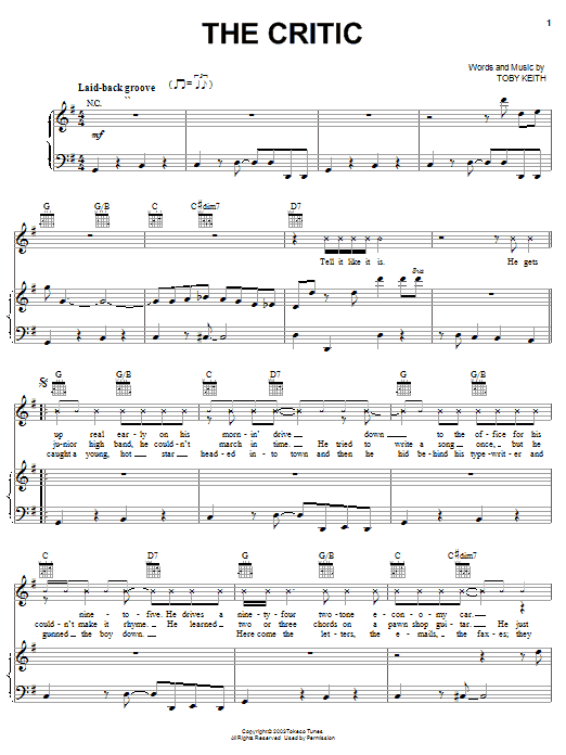 Toby Keith The Critic sheet music notes and chords arranged for Piano, Vocal & Guitar Chords (Right-Hand Melody)