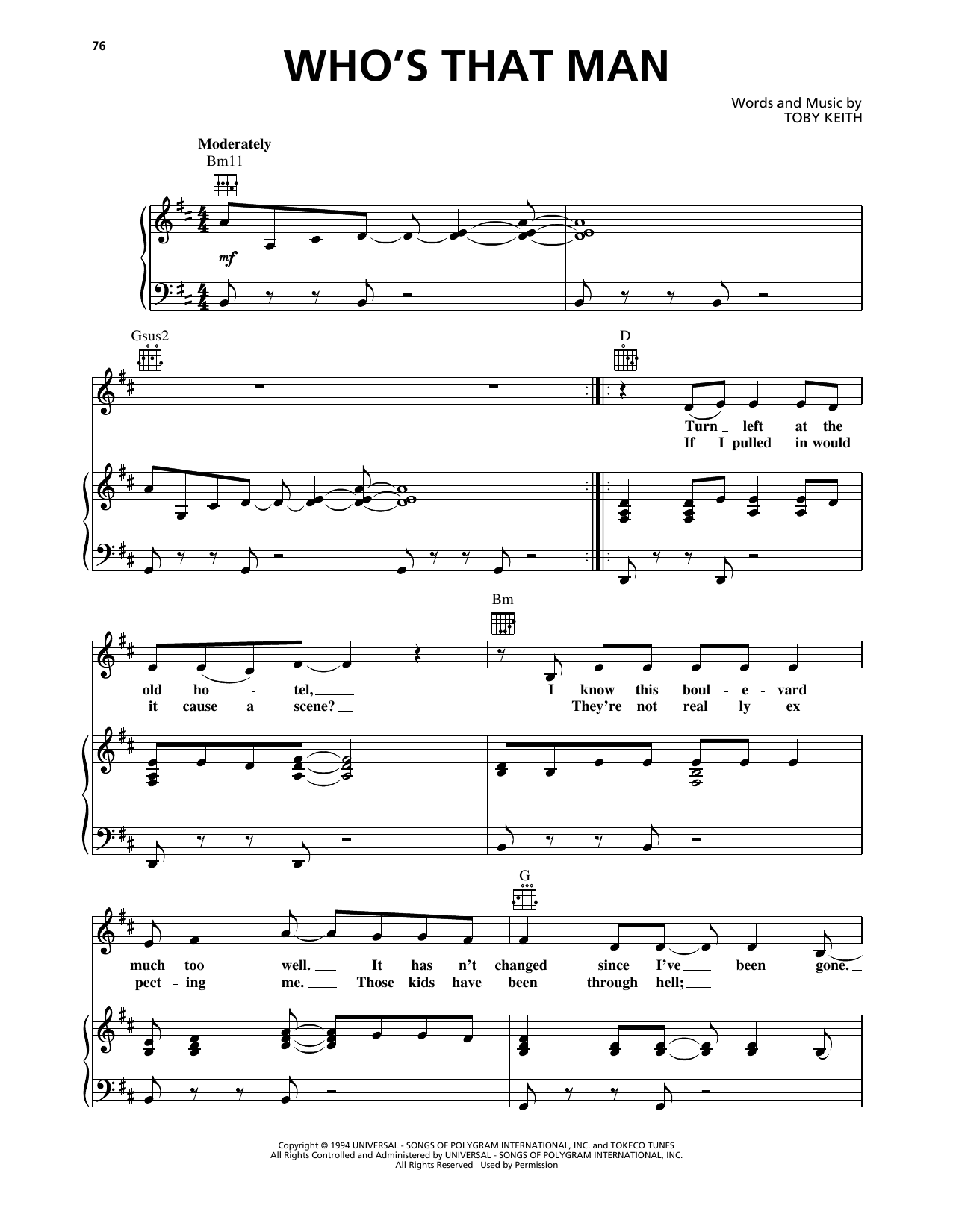 Toby Keith Who's That Man sheet music notes and chords arranged for Piano, Vocal & Guitar Chords (Right-Hand Melody)