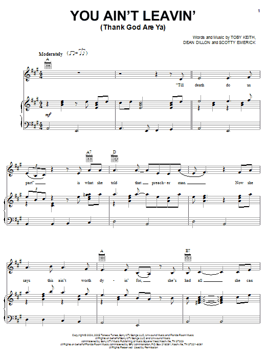 Toby Keith You Ain't Leavin' (Thank God Are Ya) sheet music notes and chords arranged for Piano, Vocal & Guitar Chords (Right-Hand Melody)