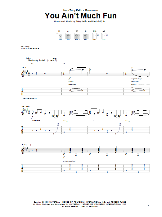 Toby Keith You Ain't Much Fun sheet music notes and chords arranged for Guitar Tab