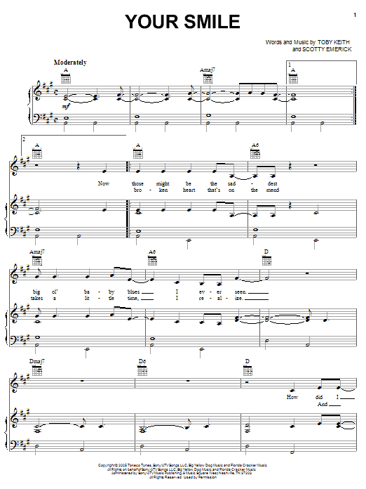 Toby Keith Your Smile sheet music notes and chords arranged for Piano, Vocal & Guitar Chords (Right-Hand Melody)