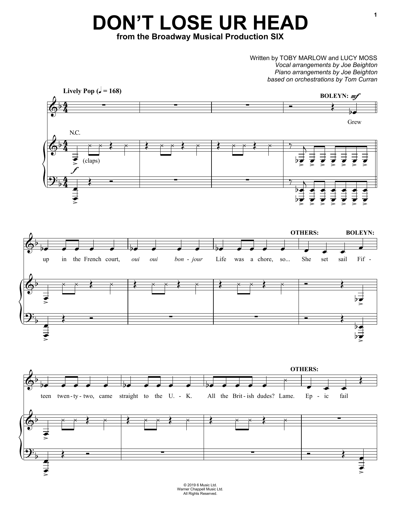 Toby Marlow & Lucy Moss Don't Lose Ur Head (from Six: The Musical) sheet music notes and chords arranged for Easy Piano