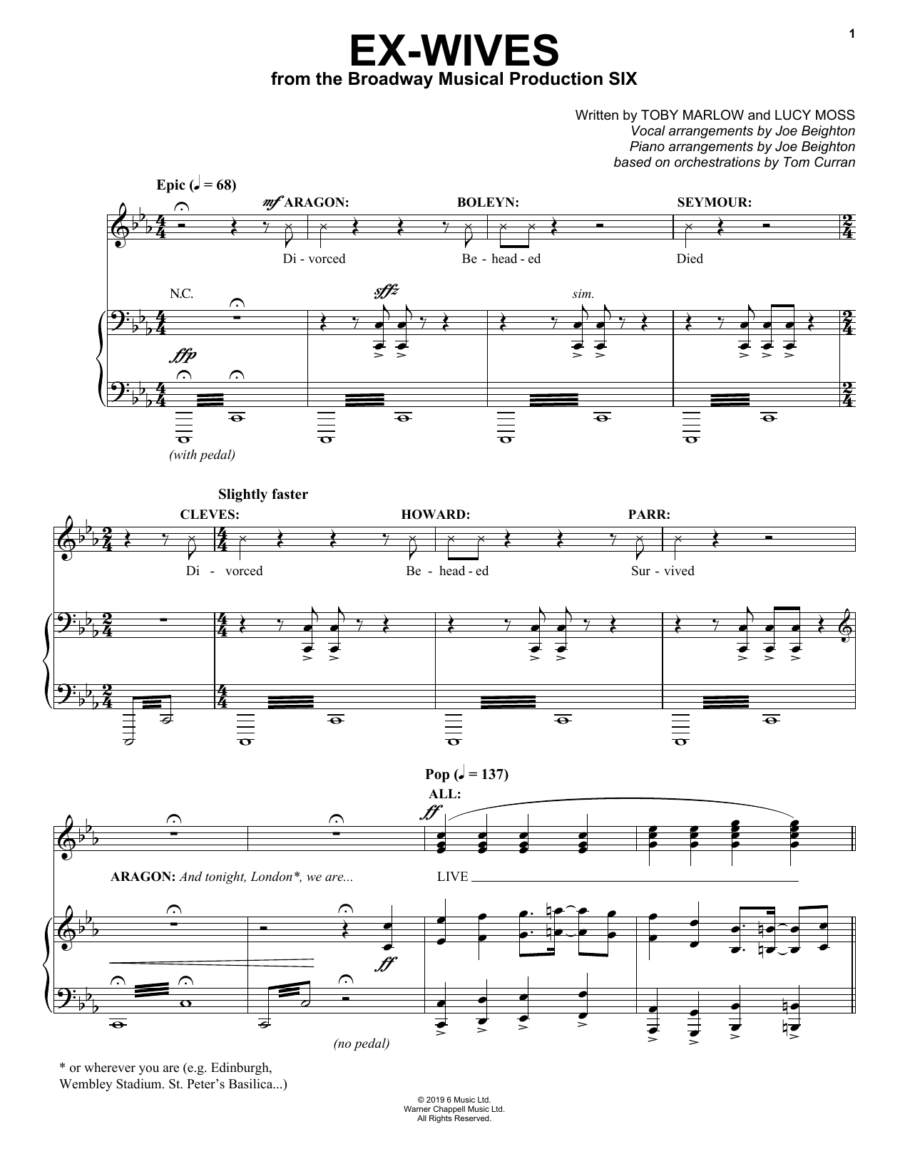 Toby Marlow & Lucy Moss Ex-Wives (from Six: The Musical) sheet music notes and chords arranged for Piano & Vocal