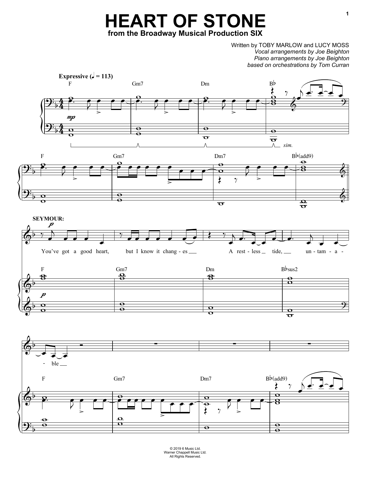 Toby Marlow & Lucy Moss Heart Of Stone (from Six: The Musical) sheet music notes and chords arranged for Easy Piano