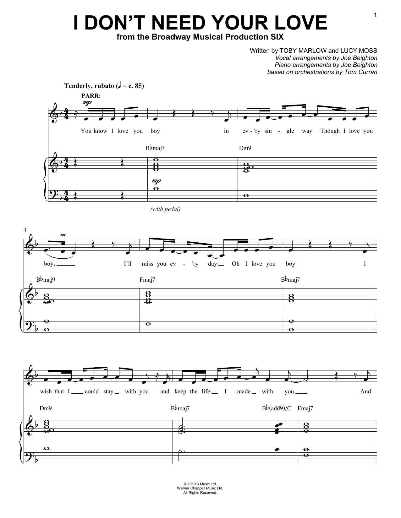 Toby Marlow & Lucy Moss I Don't Need Your Love (from Six: The Musical) sheet music notes and chords arranged for Easy Piano