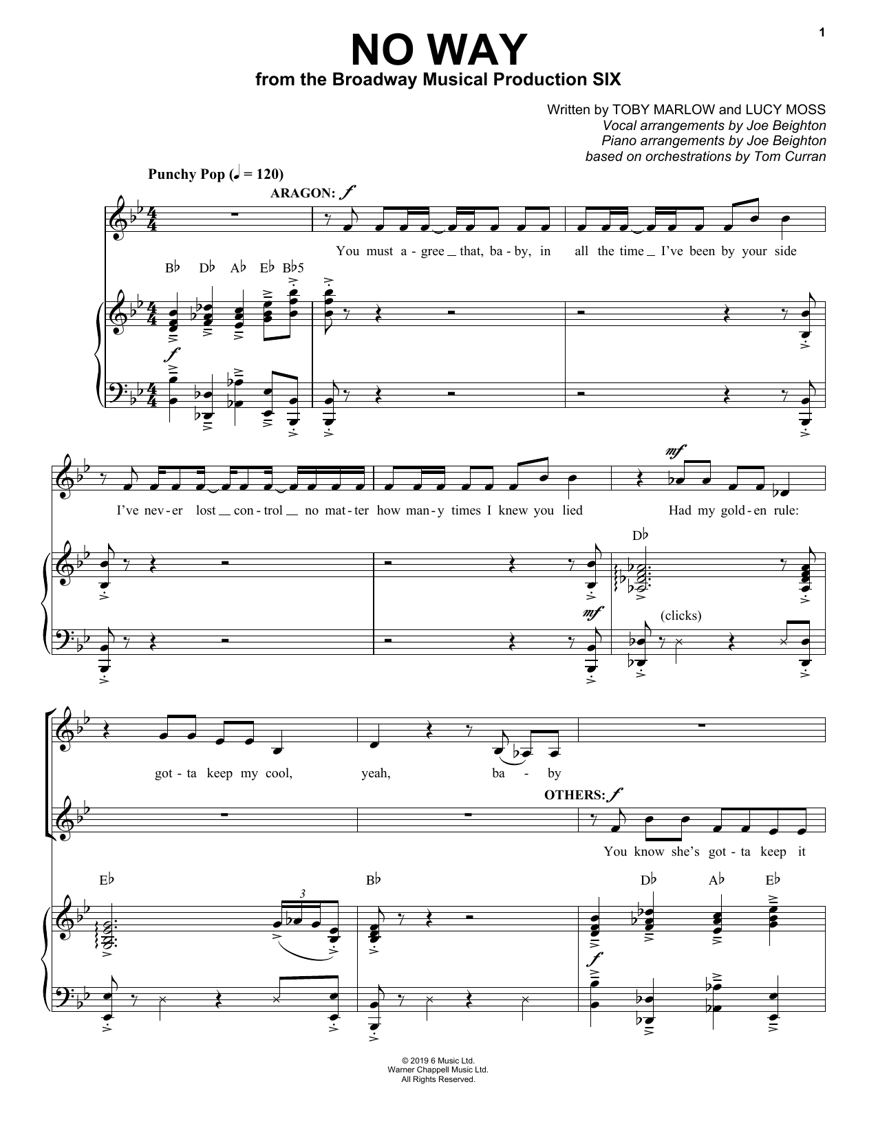 Toby Marlow & Lucy Moss No Way (from Six: The Musical) sheet music notes and chords arranged for Easy Piano