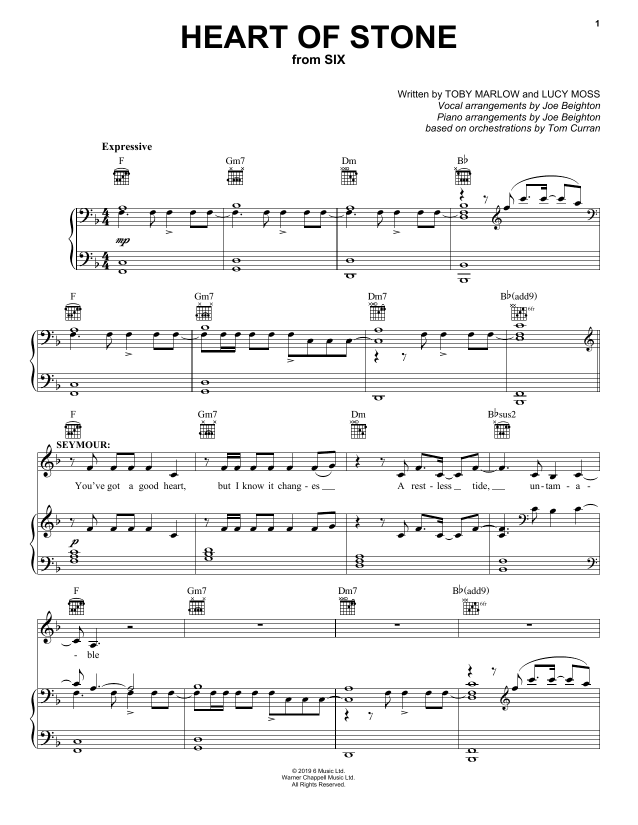 Toby Marlow Heart Of Stone (from Six) sheet music notes and chords arranged for Piano, Vocal & Guitar Chords (Right-Hand Melody)