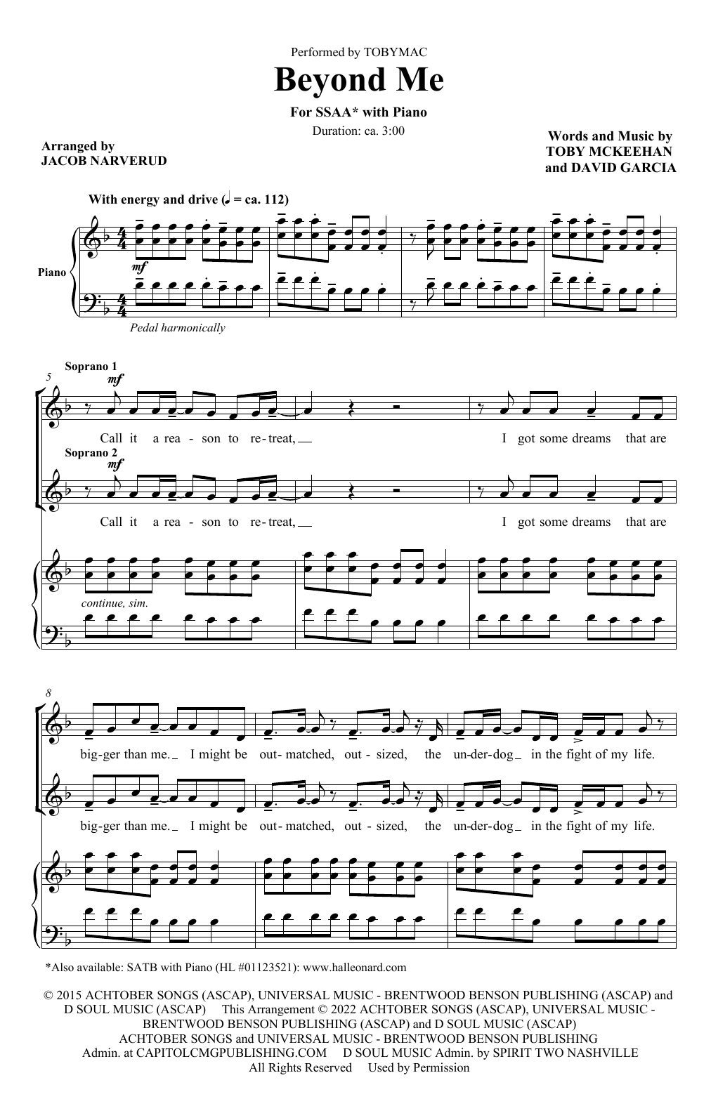 tobyMac Beyond Me (arr. Jacob Narverud) sheet music notes and chords arranged for SSA Choir