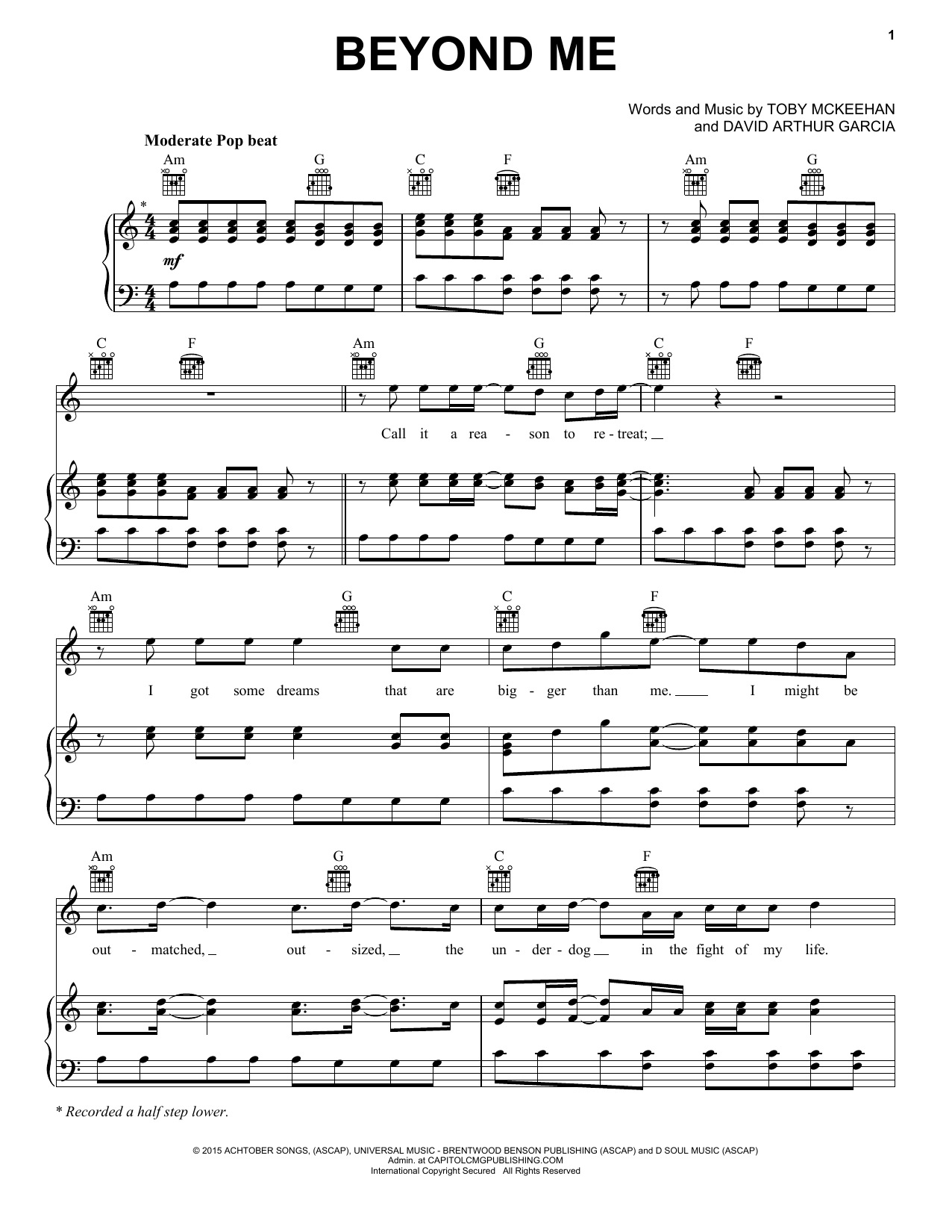 tobyMac Beyond Me sheet music notes and chords arranged for Piano, Vocal & Guitar Chords (Right-Hand Melody)