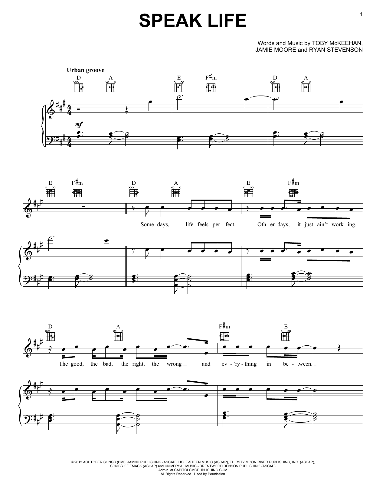 Toby McKeehan Speak Life sheet music notes and chords arranged for Piano, Vocal & Guitar Chords (Right-Hand Melody)