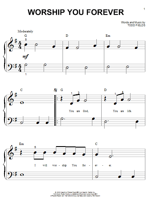 Todd Fields Worship You Forever sheet music notes and chords arranged for Big Note Piano