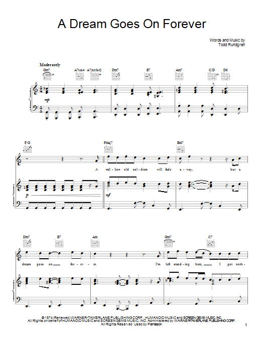 Todd Rundgren A Dream Goes On Forever sheet music notes and chords arranged for Piano, Vocal & Guitar Chords (Right-Hand Melody)