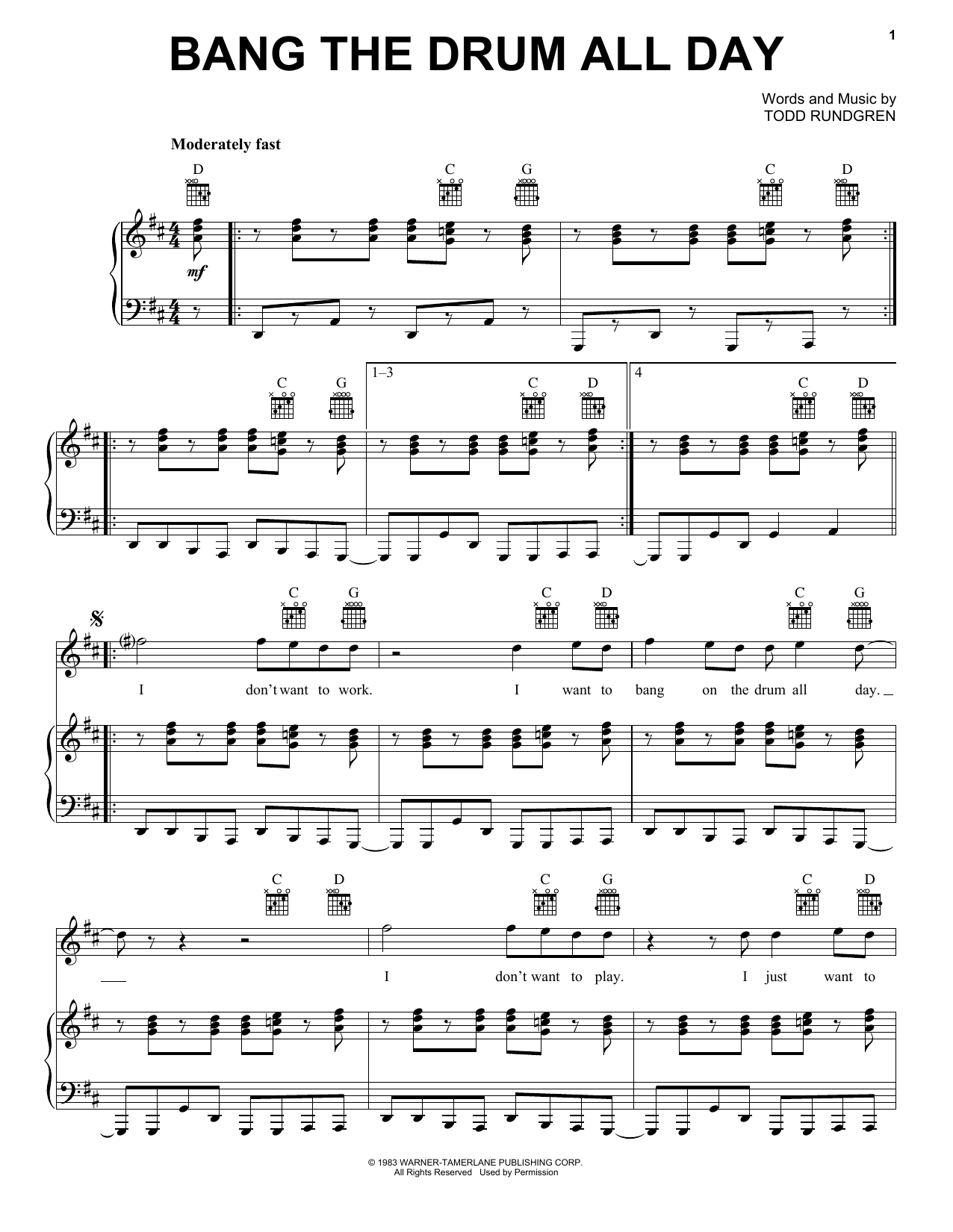 Todd Rundgren Bang The Drum All Day sheet music notes and chords arranged for Piano, Vocal & Guitar Chords (Right-Hand Melody)